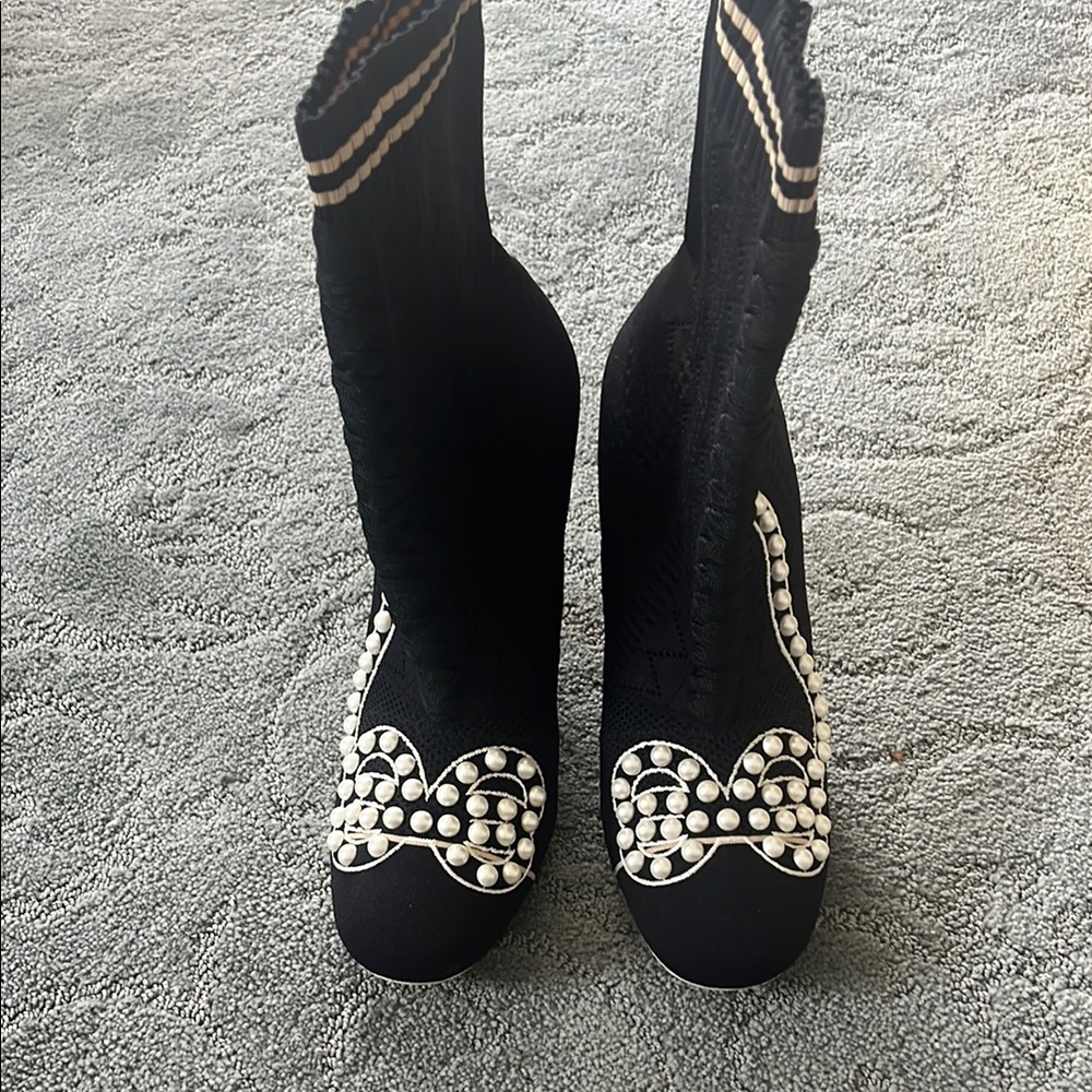 Fendi Black sock Boots with Pearl Bow Detail